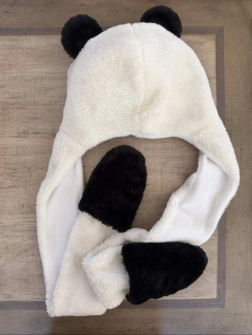 Plush Panda Hooded Scarf with Mitts - Black & White